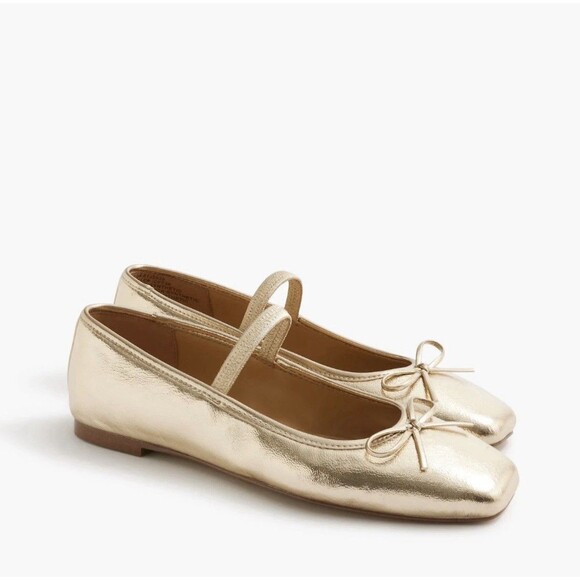 J.Crew Factory Mary Jane Ballet Flats Metallic Gold Bow Straps 7M NEW - Picture 1 of 14